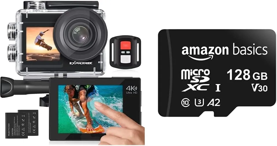 Bild von Exprotrek 4K Action Kamera mit Touchscreen und einstellbarem Blickwinkel inklusive 128 GB Amazon Basics microSDXC Speicherkarte