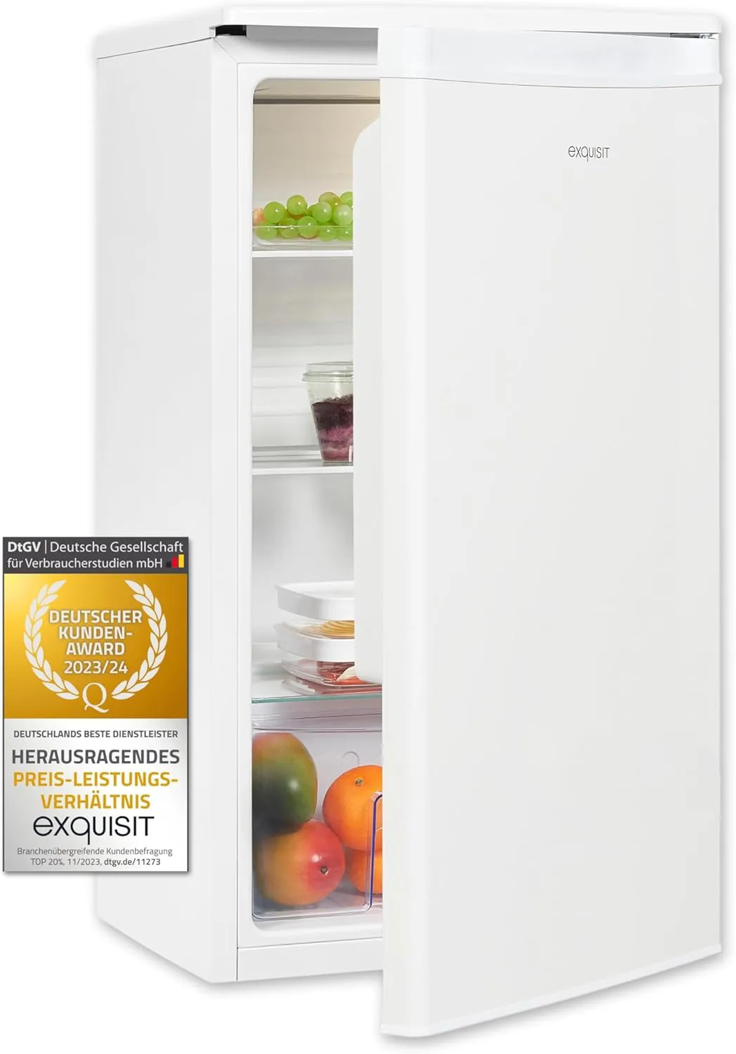 Bild von Exquisit KS585-V-091E Vollraumkühlschrank mit 75 Litern, freistehend und 45 cm breit, ausgestattet mit LED-Innenbeleuchtung