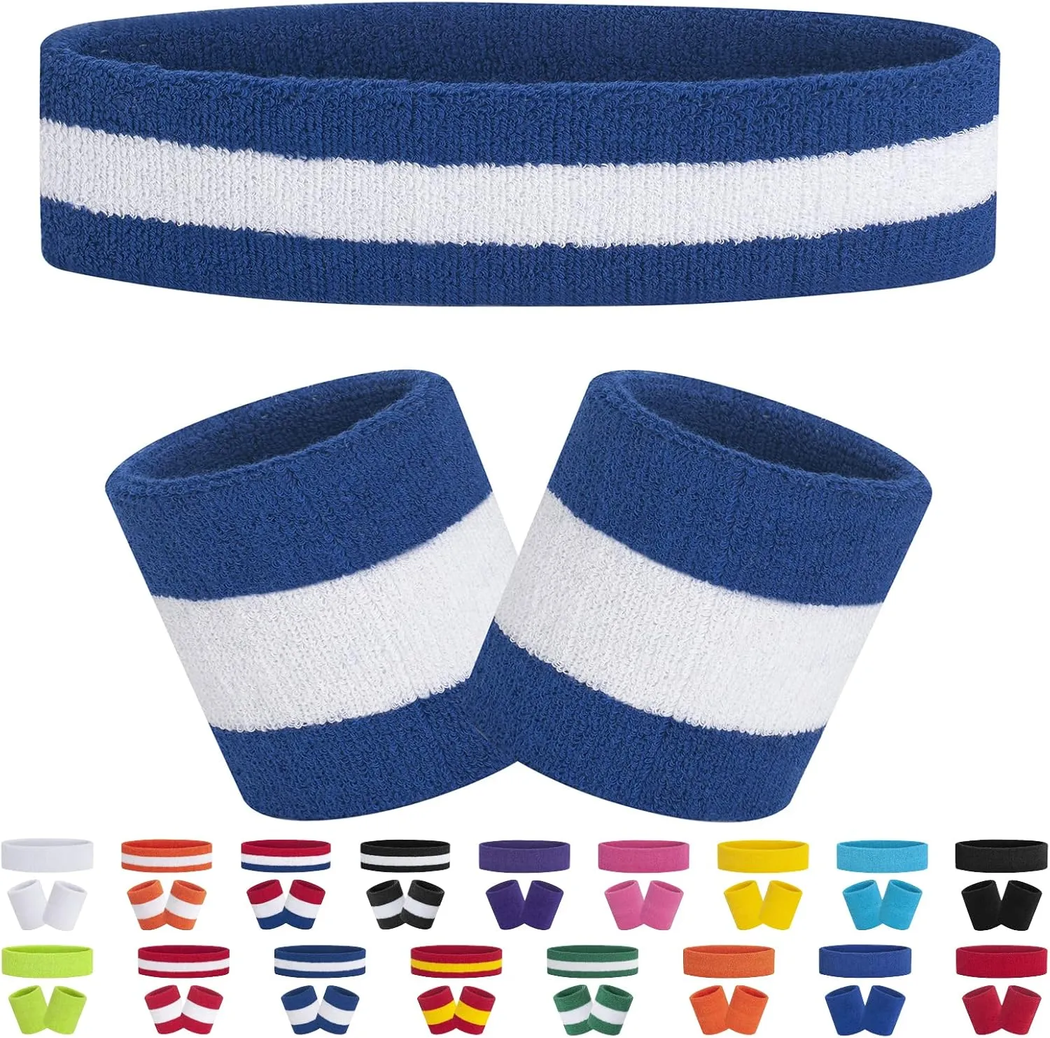 Bild von FACATH Sportband Set mit gestreiftem Stirnband und Armbändern aus Frottee für Basketball und Übungen