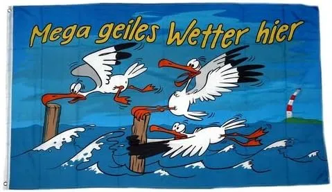 Bild von Fahne Geiles Wetter hier mit Möwe in 90 x 150 cm