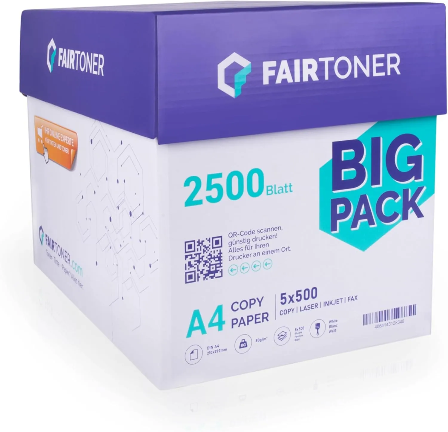 Bild von FairToner Kopierpapier 2500 Blatt DIN A4 80g in Weiß, 5er Pack, geeignet für Laser- und Tintenstrahldrucker