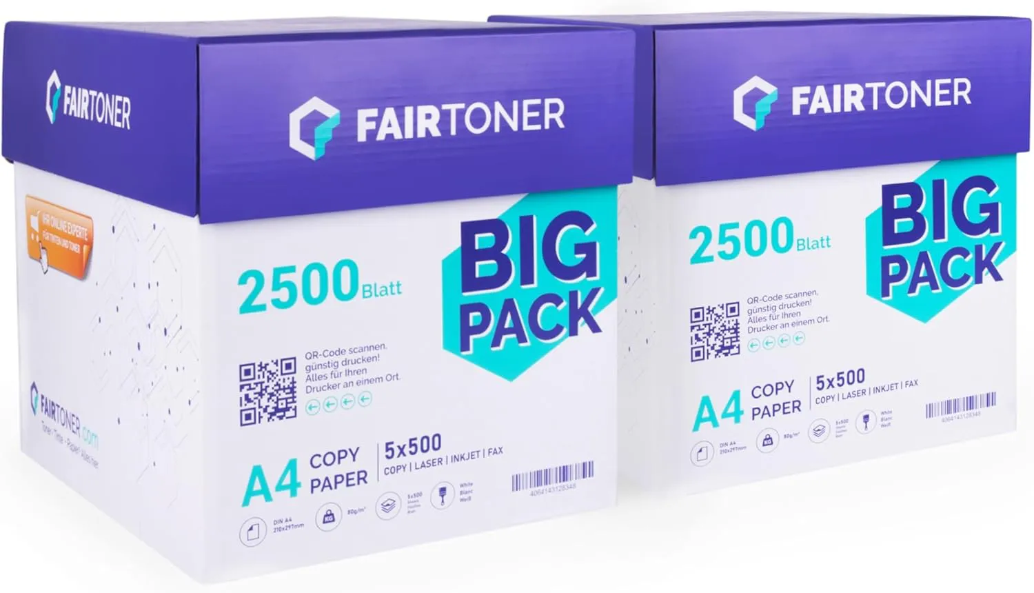 Bild von FairToner Kopierpapier 5000 Blatt DIN A4 80g in Weiß, geeignet für Laserdrucker und Tintenstrahldrucker
