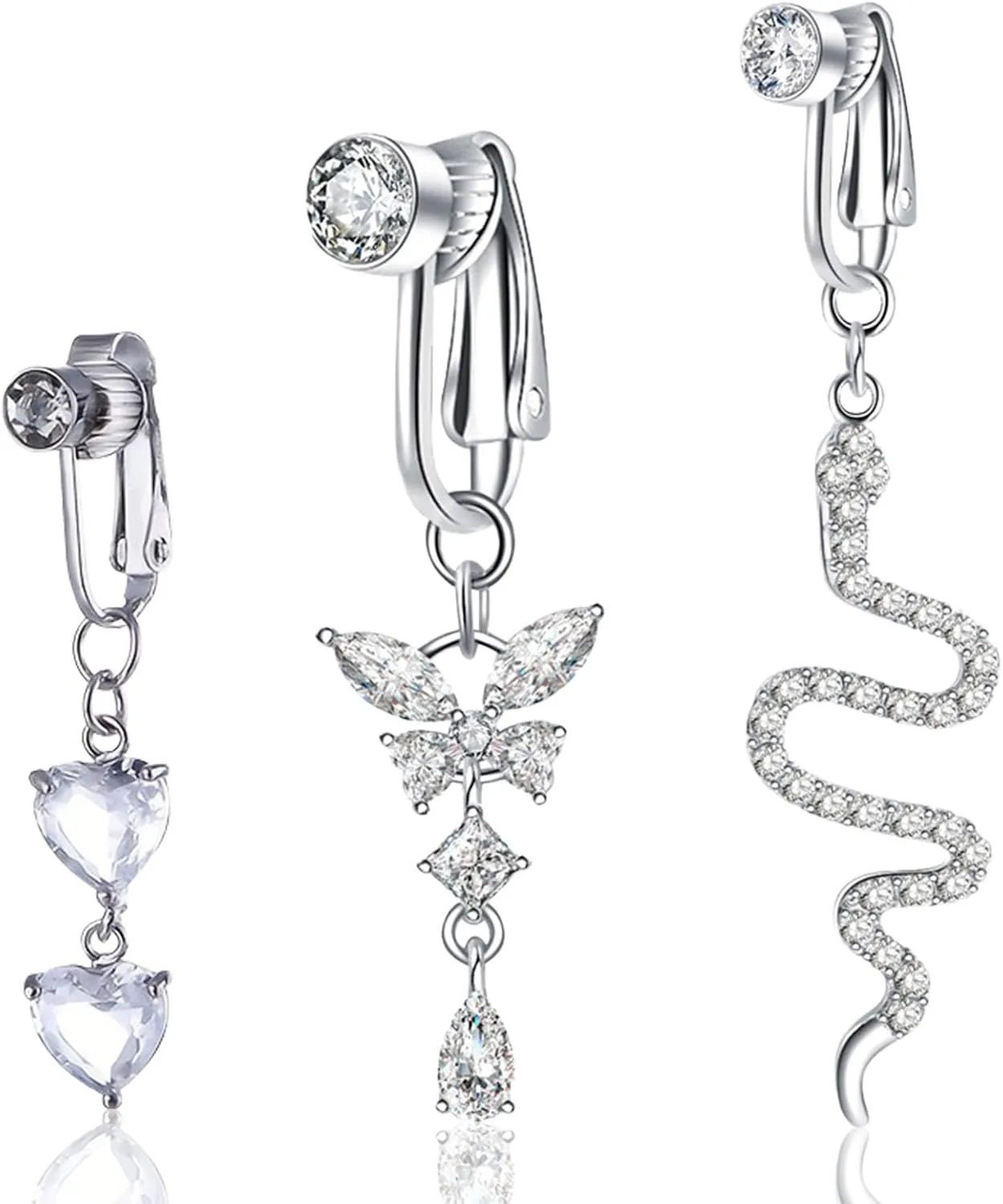Bild von Fake Bauchnabelpiercing Set mit 3 Clips in Silber mit Schlange, Schmetterling und Herz für Damen