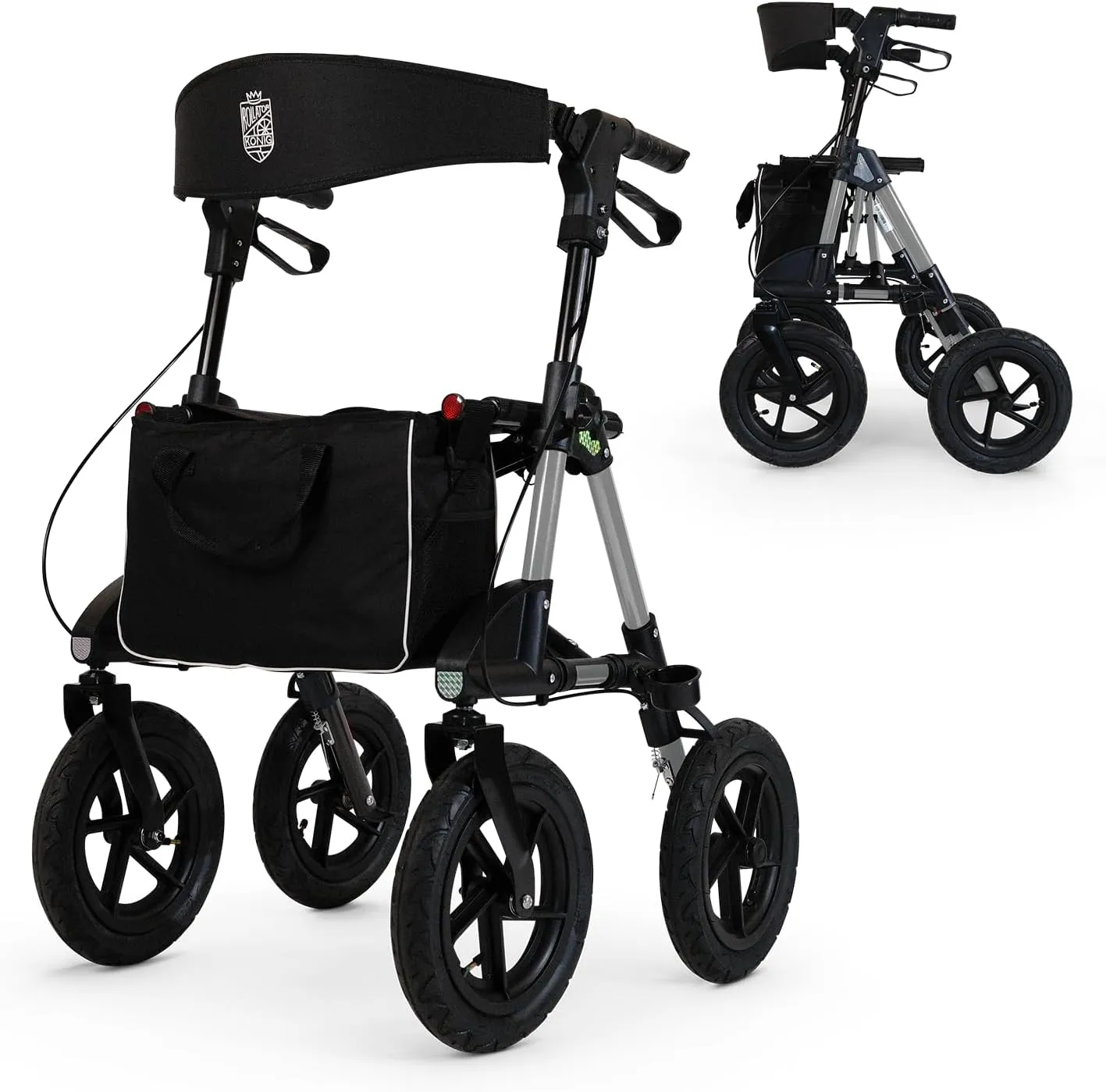 Bild von Faltbarer Rollator für draußen mit 30 cm Luftbereifung, ergonomischen Griffen und abnehmbarer Tasche aus Aluminium in perlweiß
