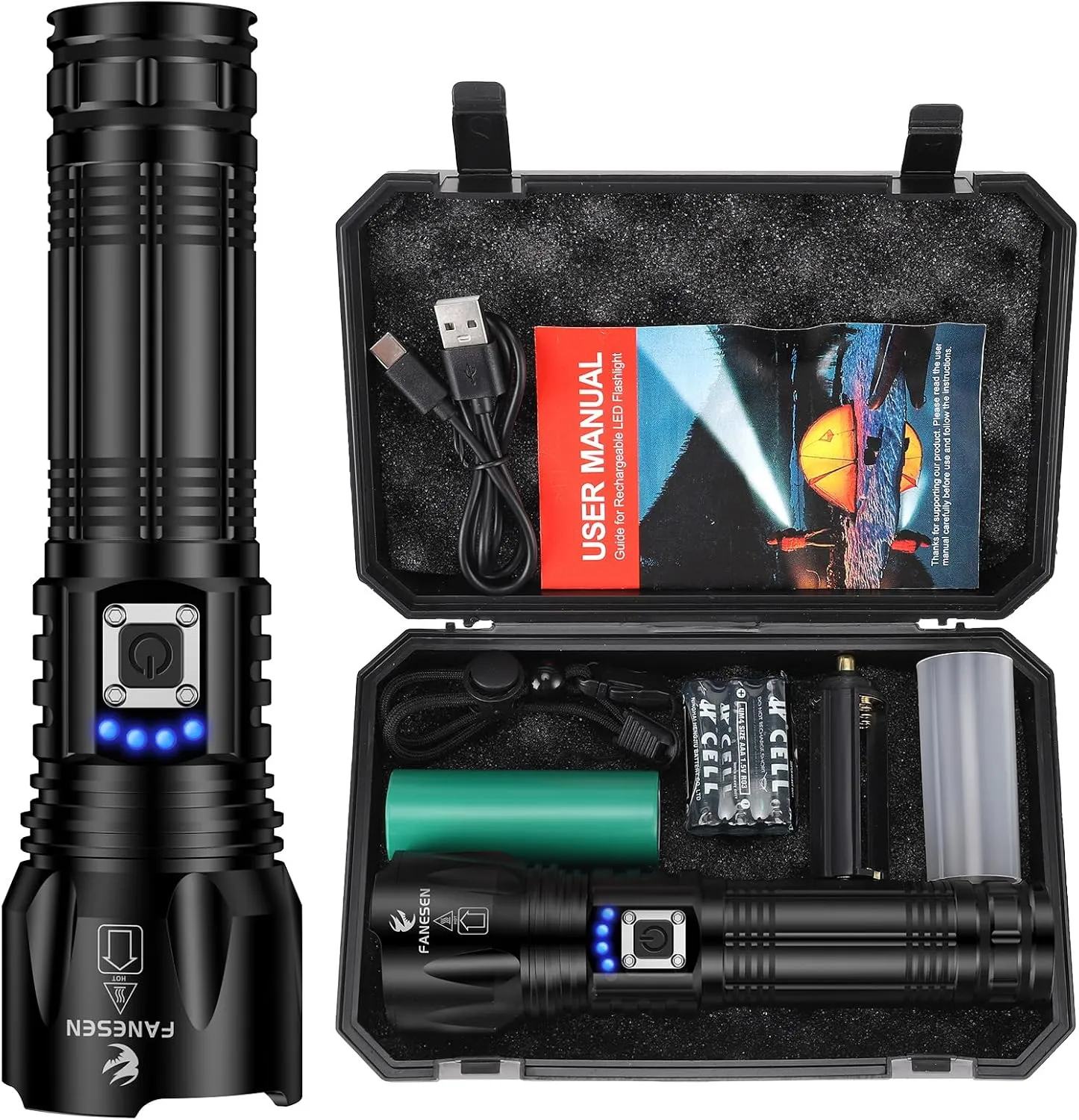 Bild von Fanesen LED Taschenlampe mit 500000 Lumen, aufladbar über USB, zoombar, 5 Lichtmodi und IP67 wasserdicht, ideal für Camping und Notfälle