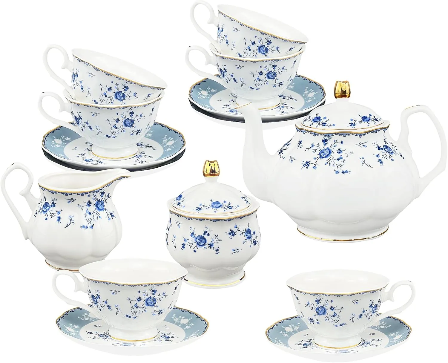 Bild von Fanquare 21-teiliges Porzellan Teeservice mit blauen Blumen und Teekanne