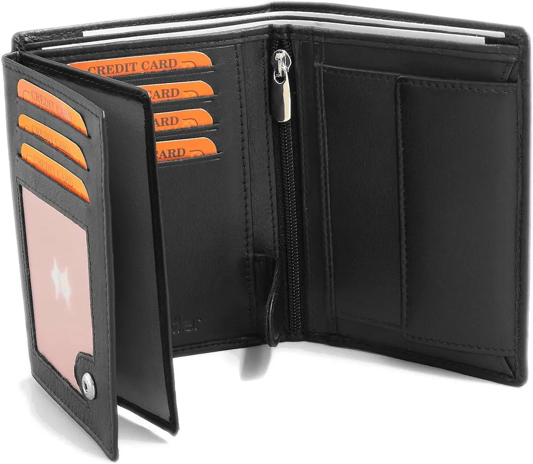 Bild von Fa.Volmer Phoenix 3 schwarze Ledergeldbörse aus echtem Leder im Hochformat mit TÜV geprüftem RFID Schutz