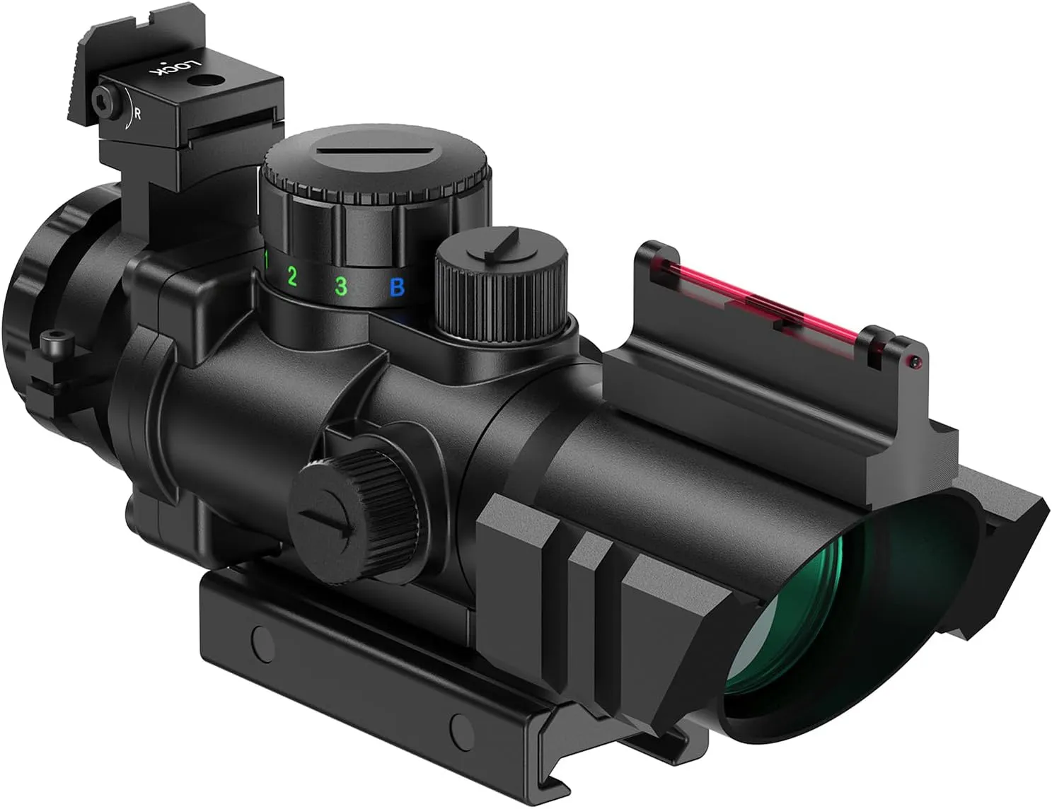 Bild von Feyachi Zielfernrohr 4x32mm mit leuchtendem Rot-Grün-Blau Punkt und Fiberoptik für Jagd und Softair mit Montage für 20mm und 22mm Schienen
