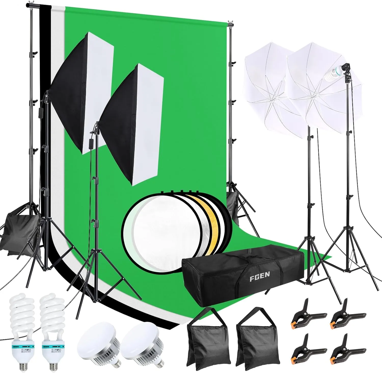 Bild von FGen Fotostudio Set mit Baumwolle Greenscreen 2,6 x 3 m und 135 W CFL sowie 85 W LED Fotolampe