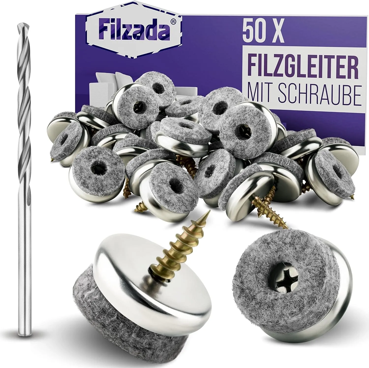 Bild von Filzada 50 Stück Filzgleiter mit Schrauben und Bohrer, Durchmesser 22 mm, 5,5 mm Filzstärke