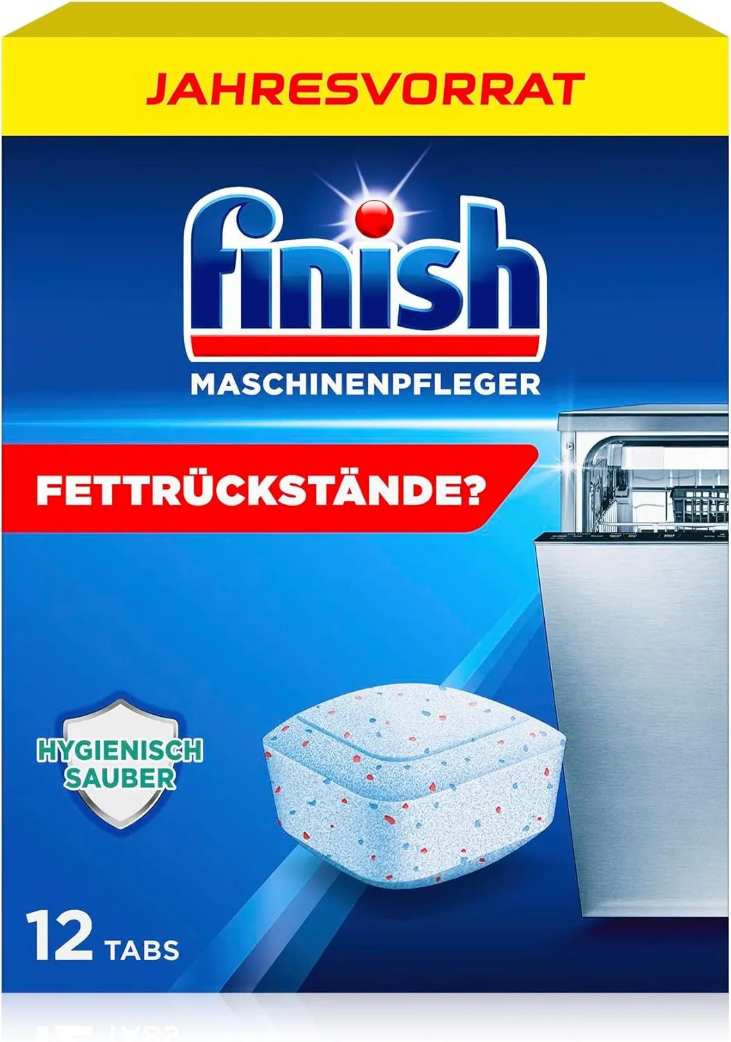 Bild von Finish Maschinenpfleger Tabs im Jahresvorrat mit 12 Geschirrspülreiniger Tabs gegen Schmutz und Fett