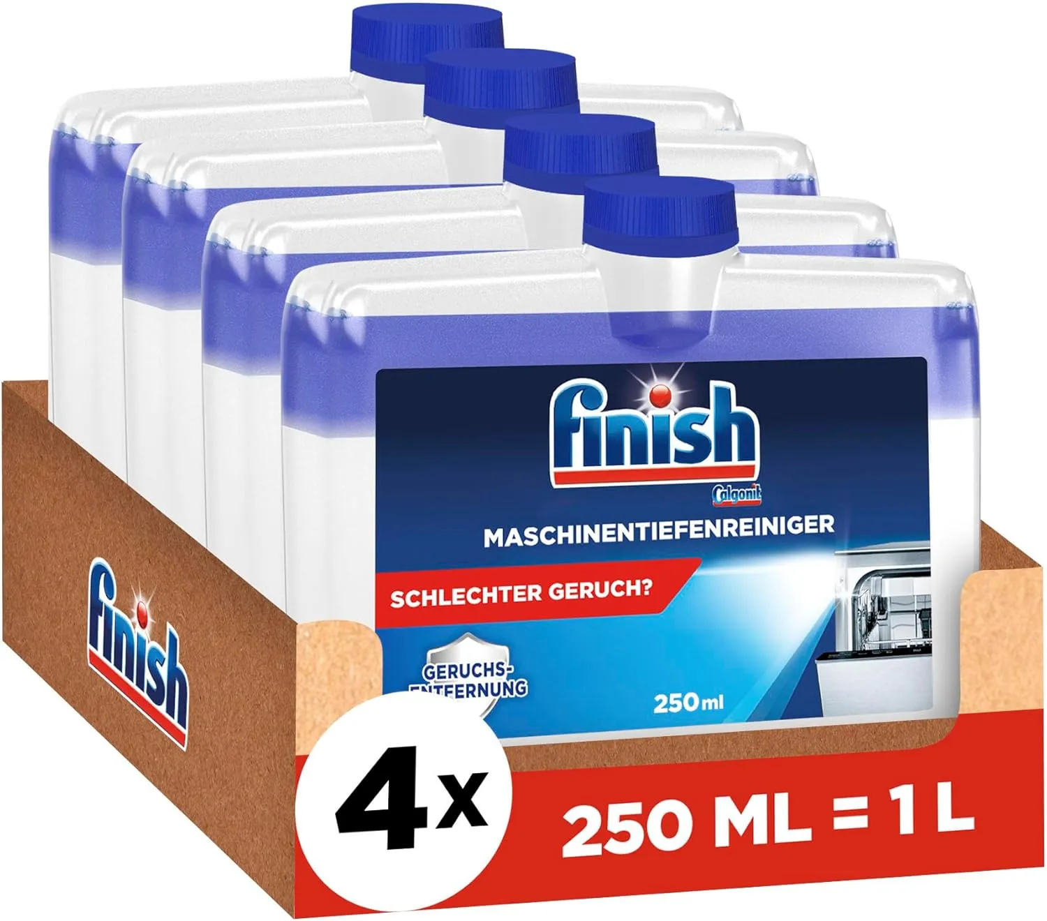 Bild von Finish Maschinentiefenreiniger im Sparpack mit 4 x 250 ml für eine gründliche Reinigung von Kalk und Fett in der Spülmaschine