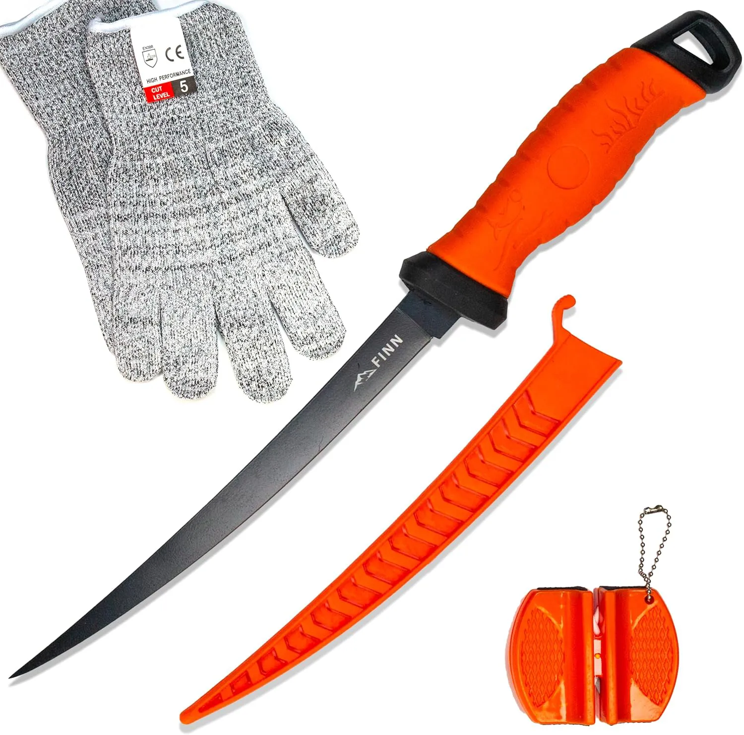 Bild von FINN Outdoors Filetiermesser Set aus Edelstahl mit 2in1 Messerschärfer und Schnittschutzhandschuhen in Orange