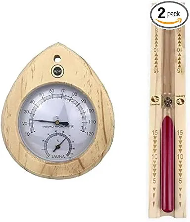 Bild von Finnisches Sauna Thermometer und Hygrometer mit Holzrahmen von OPA/Lumo inklusive 15 Minuten Sanduhr mit rotem Sand