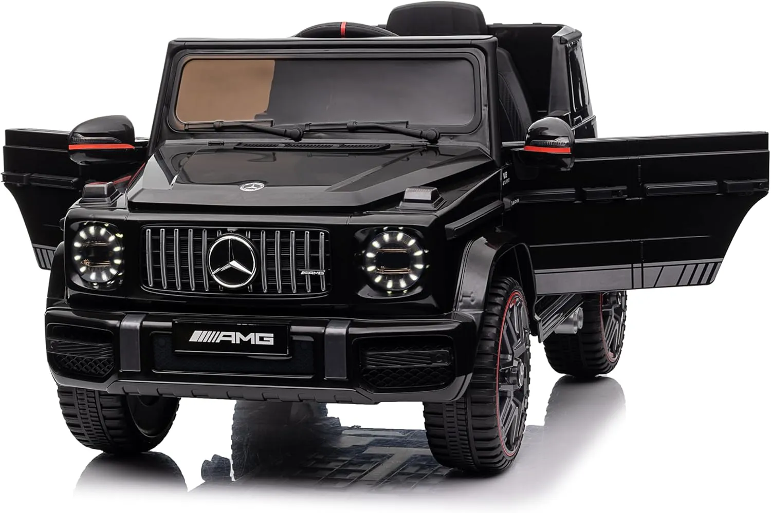Bild von FINOOS Mercedes G63 AMG Elektroauto für Kinder mit 12 Volt und Fernbedienung, zwei Geschwindigkeitsstufen, Hupe, LED, Musik und USB Anschluss in Schwarz
