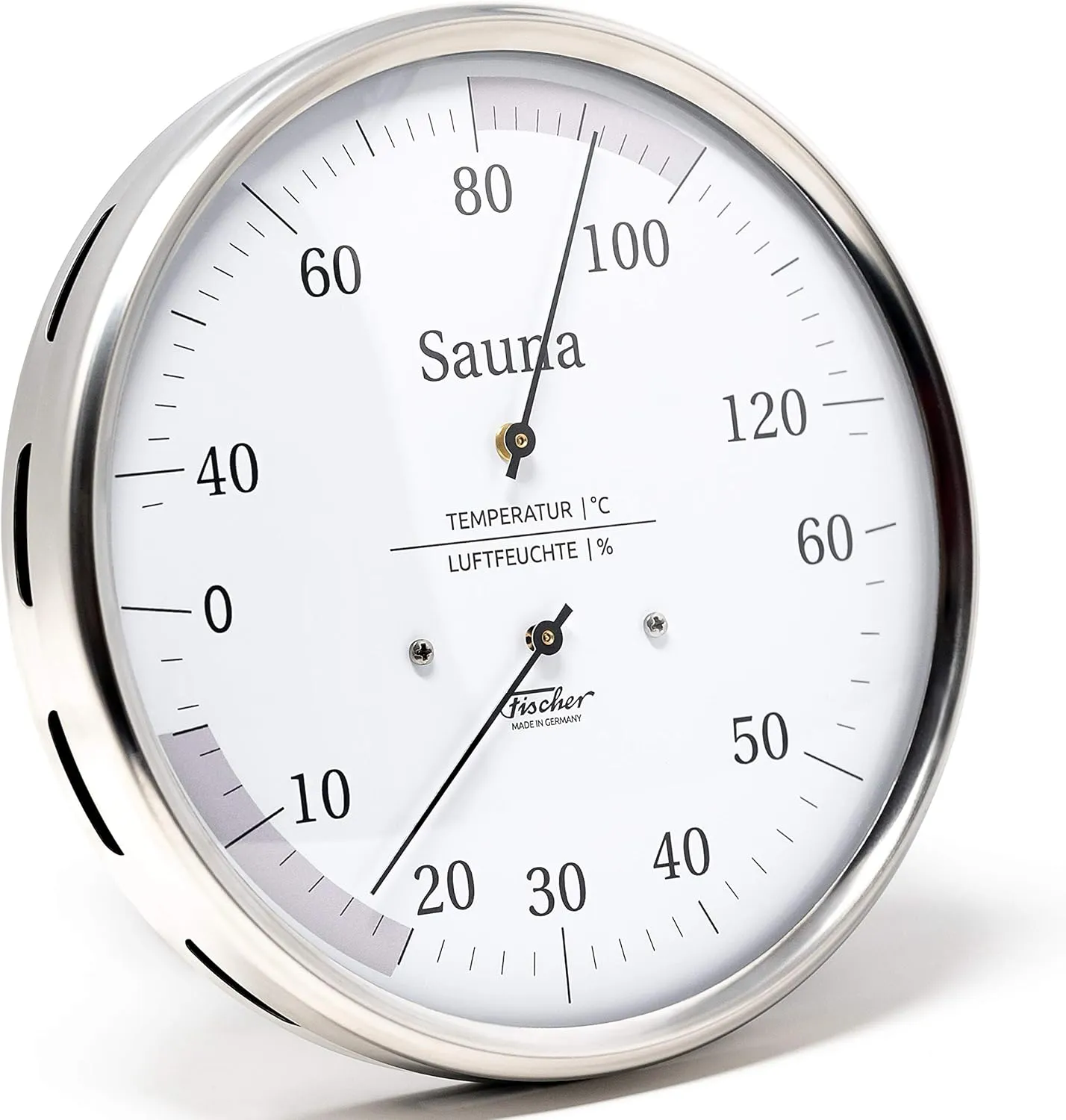 Bild von Fischer 195.01 Sauna-Thermohygrometer aus Edelstahl mit 160 mm Haar-Hygrometer und Bimetall-Thermometer, Made in Germany