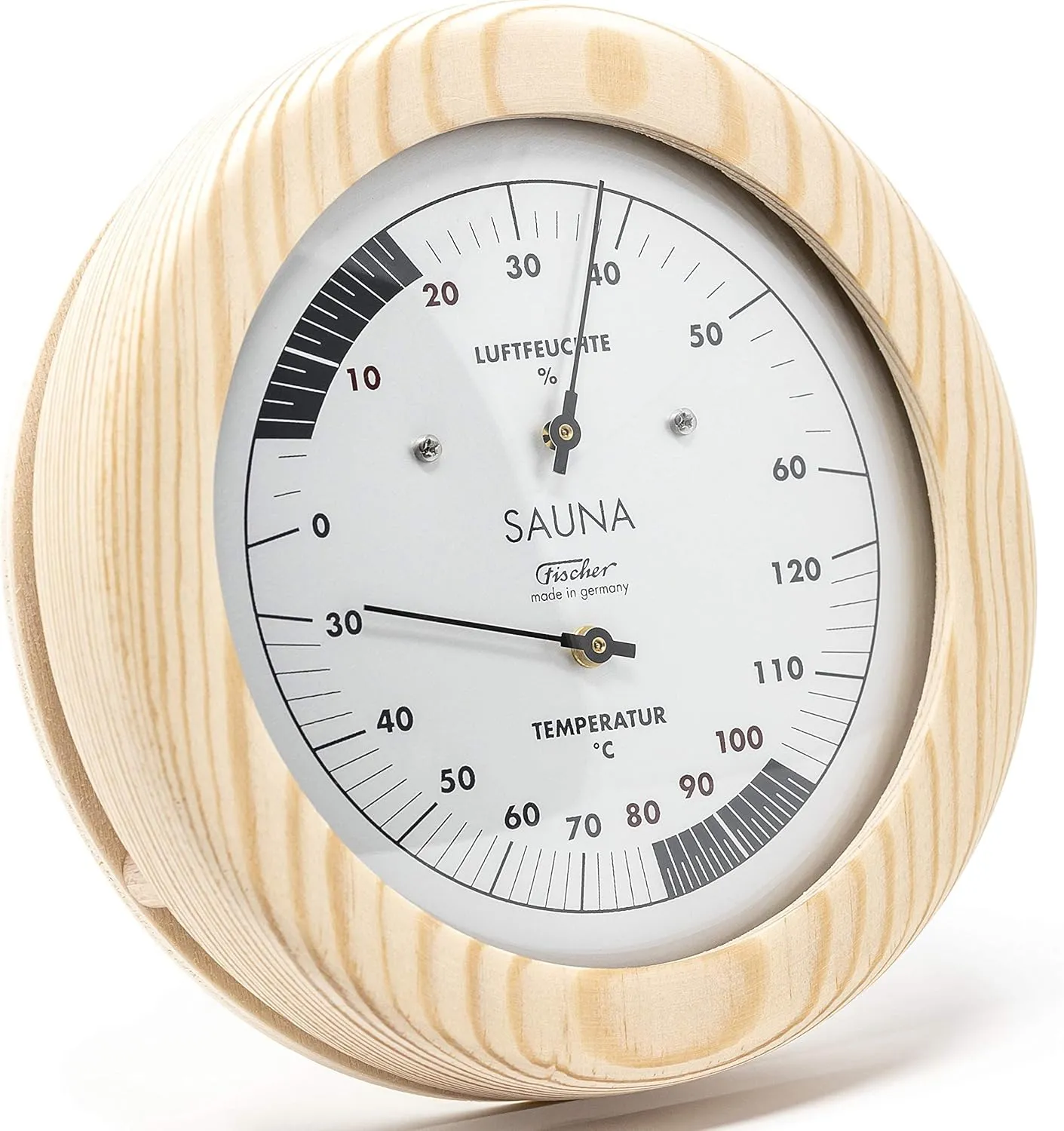 Bild von Fischer 196TH-03 Sauna-Thermohygrometer mit 150 mm Bimetall-Thermometer aus Kiefer, Made in Germany