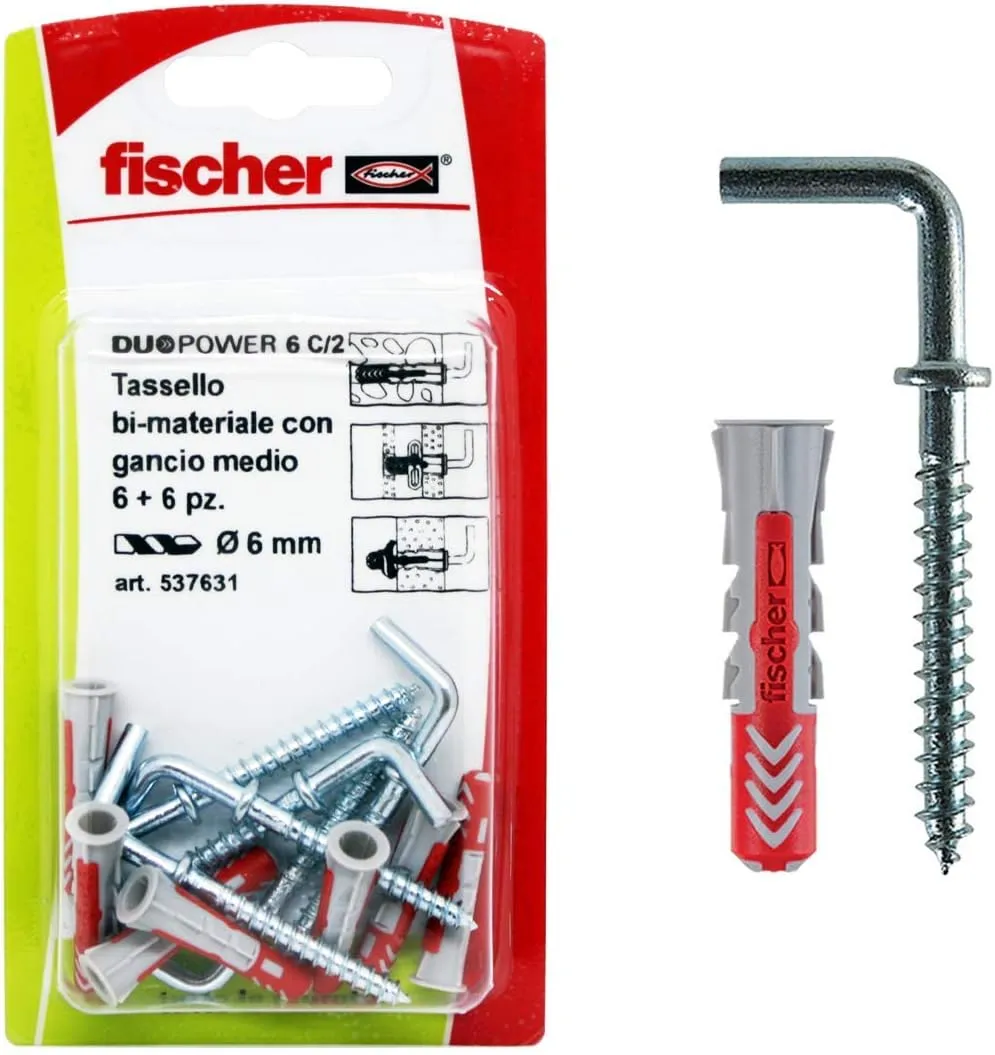 Bild von Fischer 537631 Duopower Dübel mit Haken, grau/rot, 6 x 30 mm, 6 Stück