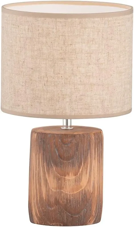 Bild von Fischer & Honsel Malik Tischleuchte mit Betonfuß in Holzoptik und sandfarbenem Stoffschirm, Höhe 35 cm, Durchmesser 20 cm