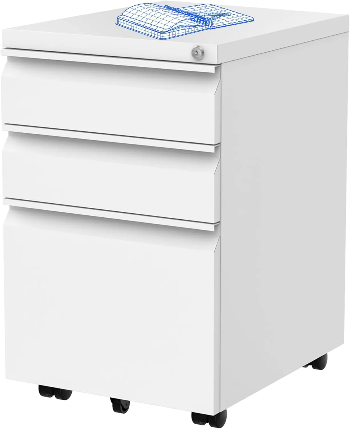 Bild von FLEXISPOT Büroschrank mit 3 Schubladen und Schlüsselschloss in Weiß, ideal als Rollcontainer für Büro, Wohnzimmer oder Schlafzimmer