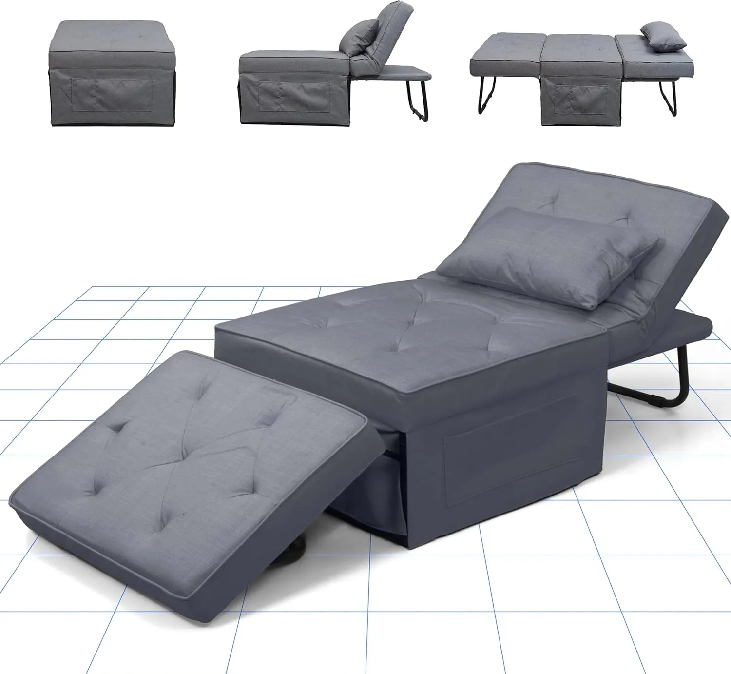 Bild von FLEXISPOT Schlafsessel mit Hocker, klappbar und umwandelbar, grau, belastbar bis 300 kg, Maße 72 x 69 x 35 cm