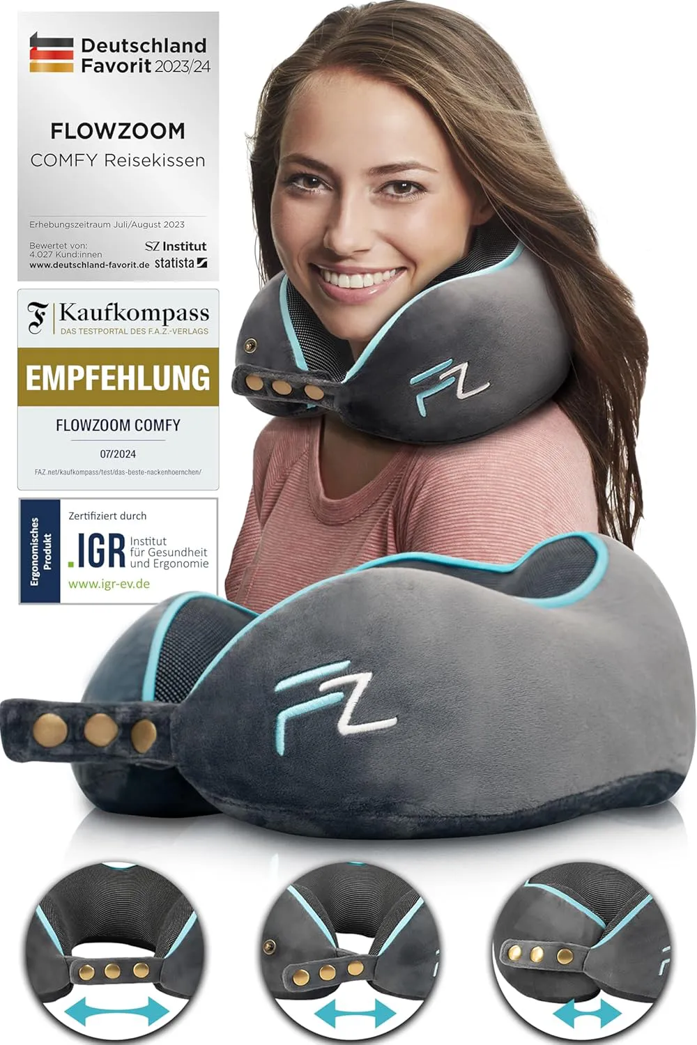Bild von FLOWZOOM Comfy Nackenkissen für Reisen in Grau mit Memory Foam und waschbarem Bezug