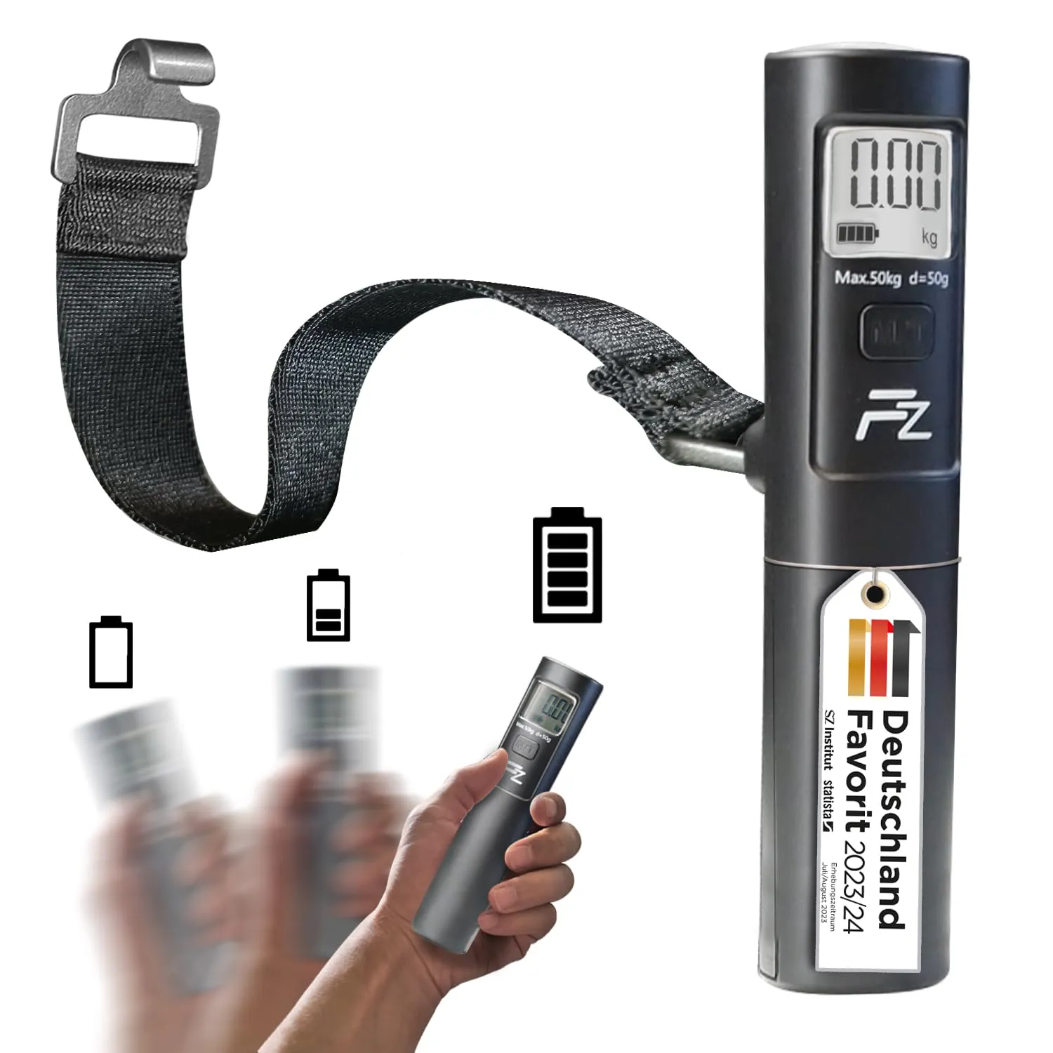 Bild von FLOWZOOM SHAKEE digitale Kofferwaage ohne Batterie in Schwarz mit Haken und TARA-Funktion, inkl. Transportbeutel