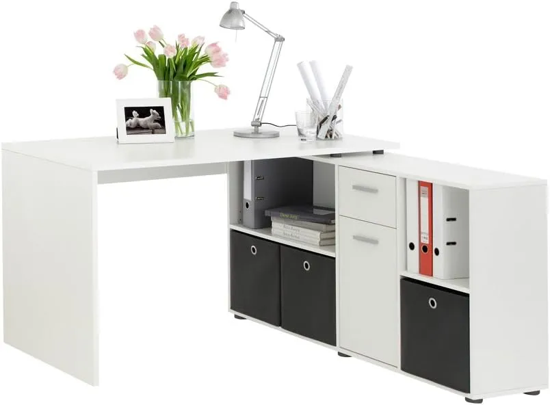 Bild von FMD Möbel 353-001 Lexo Schreibtisch-Winkelkombination in Weiß mit Tisch und Regal
