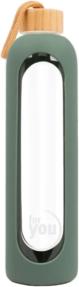 Bild von For You nachhaltige Trinkflasche in grünoliv mit 1000 ml aus Glas und Silikonhülle, spülmaschinenfest, auslaufsicher mit Bambusdeckel, 100% BPA frei, temperaturbeständig von minus 20 bis 150 Grad Celsius