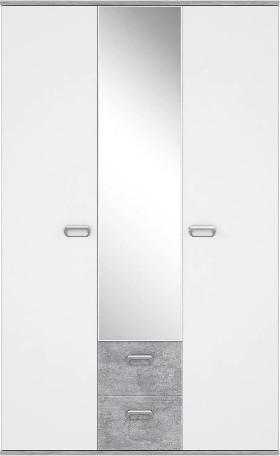 Bild von FORTE EMILY Kleiderschrank mit Spiegel in Weiß und Betonoptik, 3 Türen, 2 Schubladen, Einlegeböden und Kleiderstange, Maße 115 cm breit, 188 cm hoch, 53 cm tief