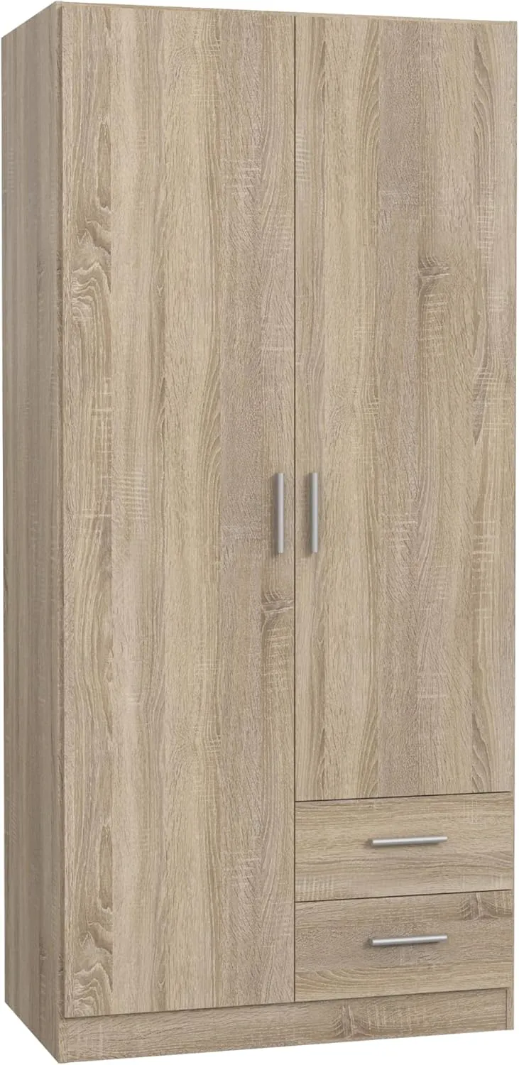 Bild von FORTE JOAKIM Kleiderschrank in Sonoma Eiche mit zwei Schubladen, Einlegeböden und Kleiderstange, 91 cm breit und 197 cm hoch