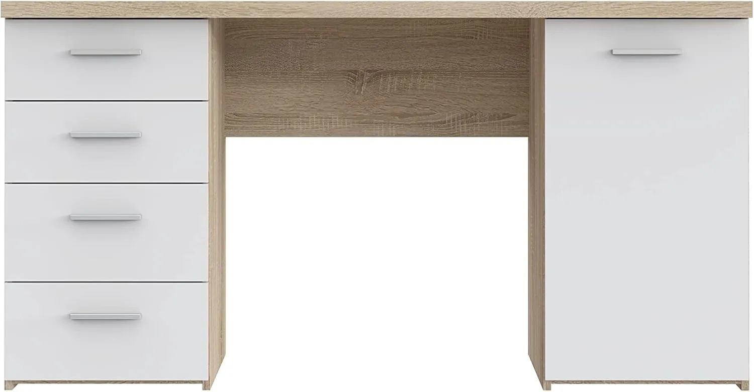 Bild von FORTE Net 106 Schreibtisch aus Holzwerkstoff in Sonoma Eiche und Weiß mit 4 Schubladen und 1 Tür, Maße 145 x 60 x 76,3 cm
