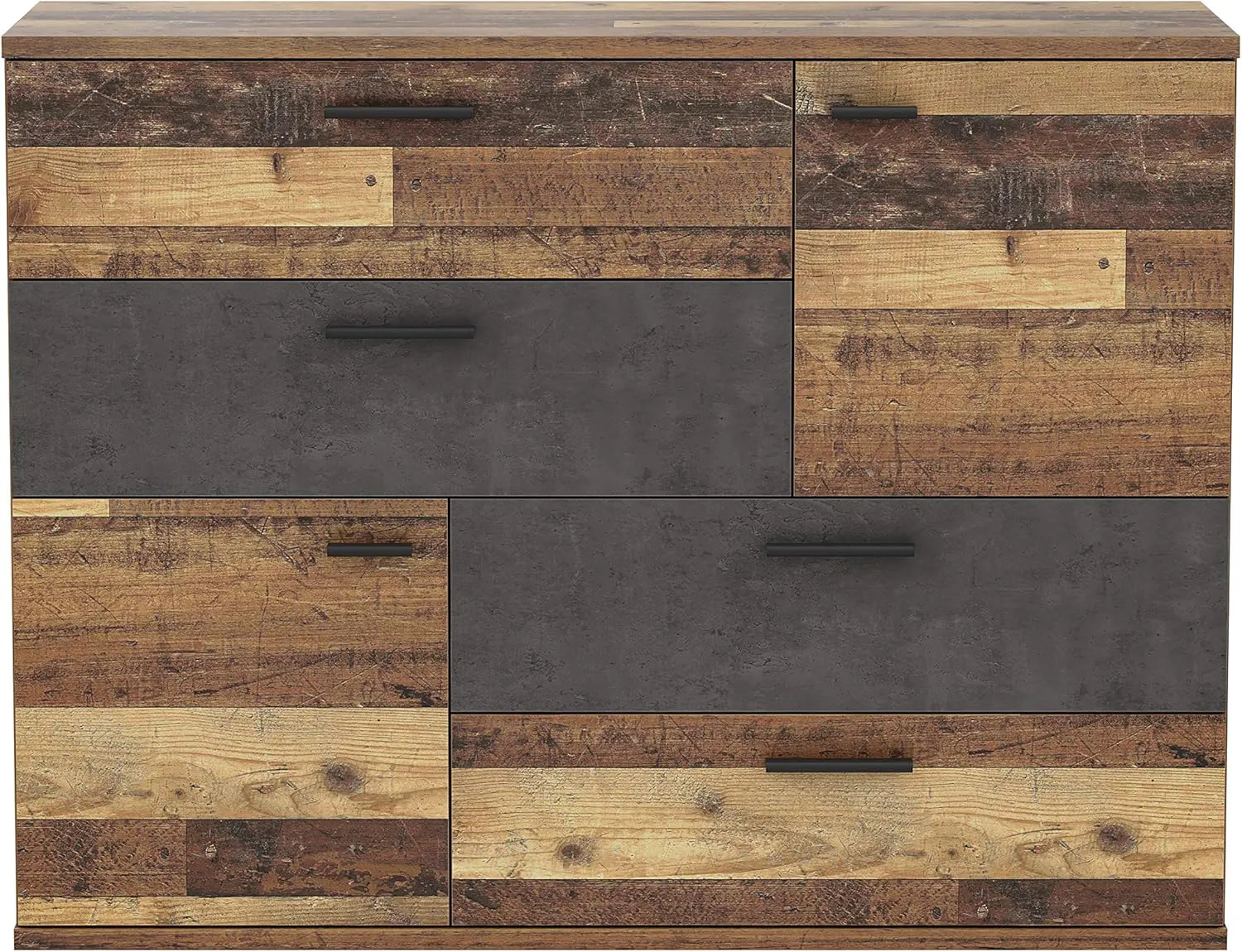 Bild von FORTE Skive Kommode mit 2 Türen und 4 Schubkästen in Old-Wood Vintage Dekor und Betonoptik dunkelgrau, Maße 124,9 x 41,3 x 95,9 cm