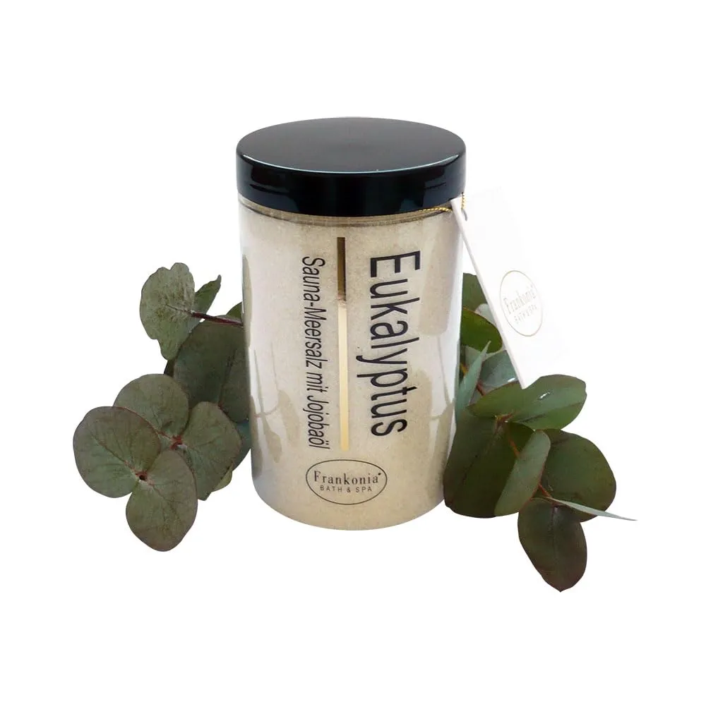 Bild von Frankonia BATH & SPA Eukalyptus Salzpeeling mit 400 g Meersalz, Jojobaöl und Vitamin E, vegan und allergenfrei für Sauna und Dampfbad