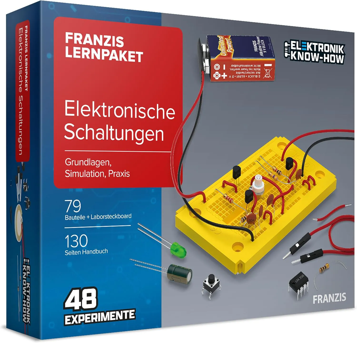 Bild von FRANZIS 67164 Lernpaket Elektronische Schaltungen mit 79 Bauteilen und Laborsteckboard für 48 Experimente inkl. 120-seitigem Handbuch