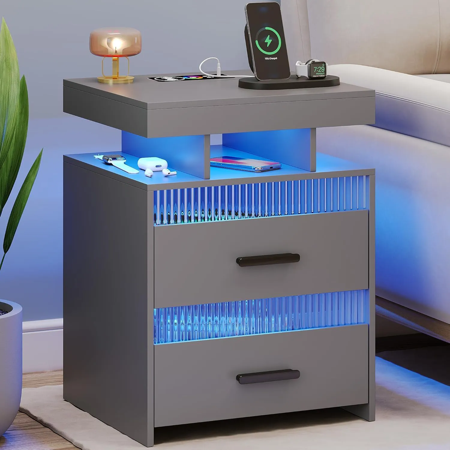 Bild von FREDEES Nachttisch mit LED Licht und Ladefunktion, 2 Schubladen, 24 Farben und Induktionssensor für Schlafzimmer und Wohnzimmer