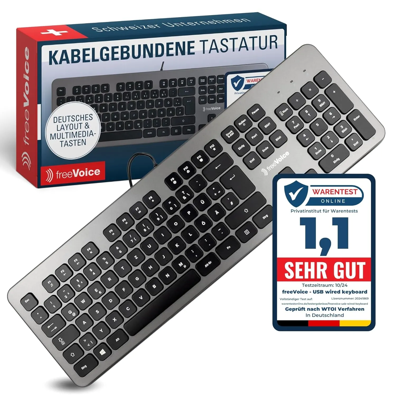 Bild von freeVoice kabelgebundene USB Tastatur für PC und Laptop, leise und rutschfest, ideal für Büro und Home-Office