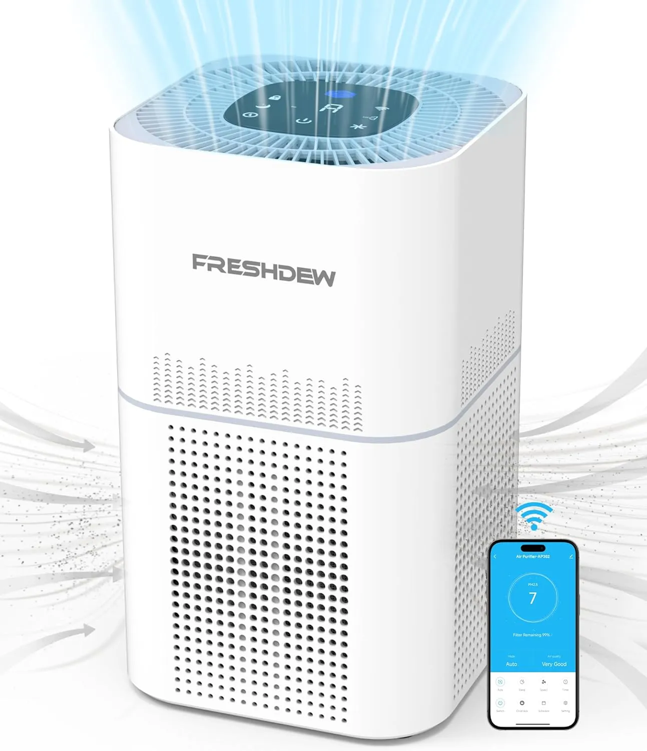 Bild von FRESHDEW Wi-Fi Luftreiniger mit 300 m³/h CADR für Räume bis 100 m², 4-Stufen Luftfilter und digitaler Luftqualität, leise mit 24 dB, in Weiß