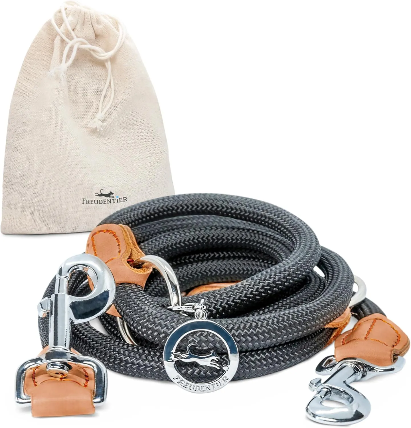 Bild von FREUDENTIER Hundeleine 2m aus robustem Nylon mit braunen Lederelementen, 3-fach verstellbar, inklusive Geschenktäschchen, für mittelgroße und große Hunde in Schwarz