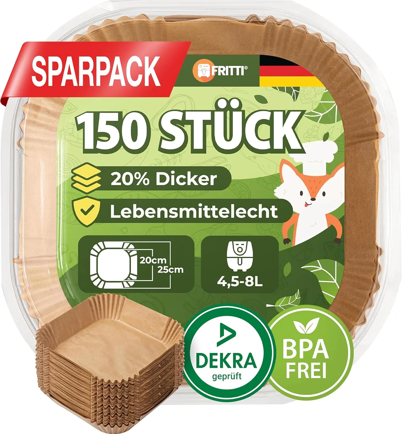 Bild von FRITTI Backpapier für Heißluftfritteuse, 150 Stück, quadratisch 20-25 cm, DEKRA geprüft, geeignet für Airfryer 4,5-8L