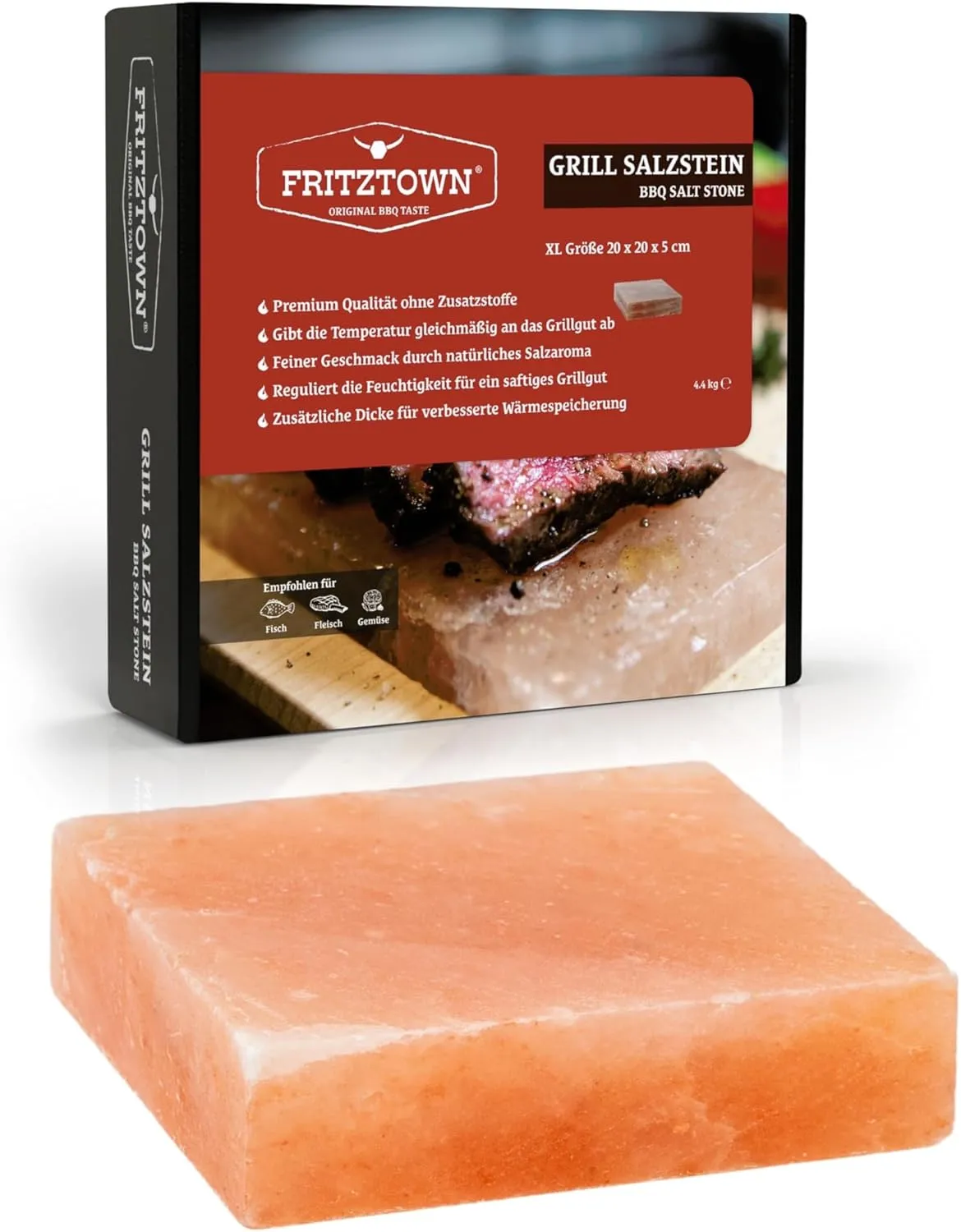 Bild von FRITZTOWN Deluxe XL Grill Salzstein 20x20x5 cm in einer exklusiven Geschenkbox