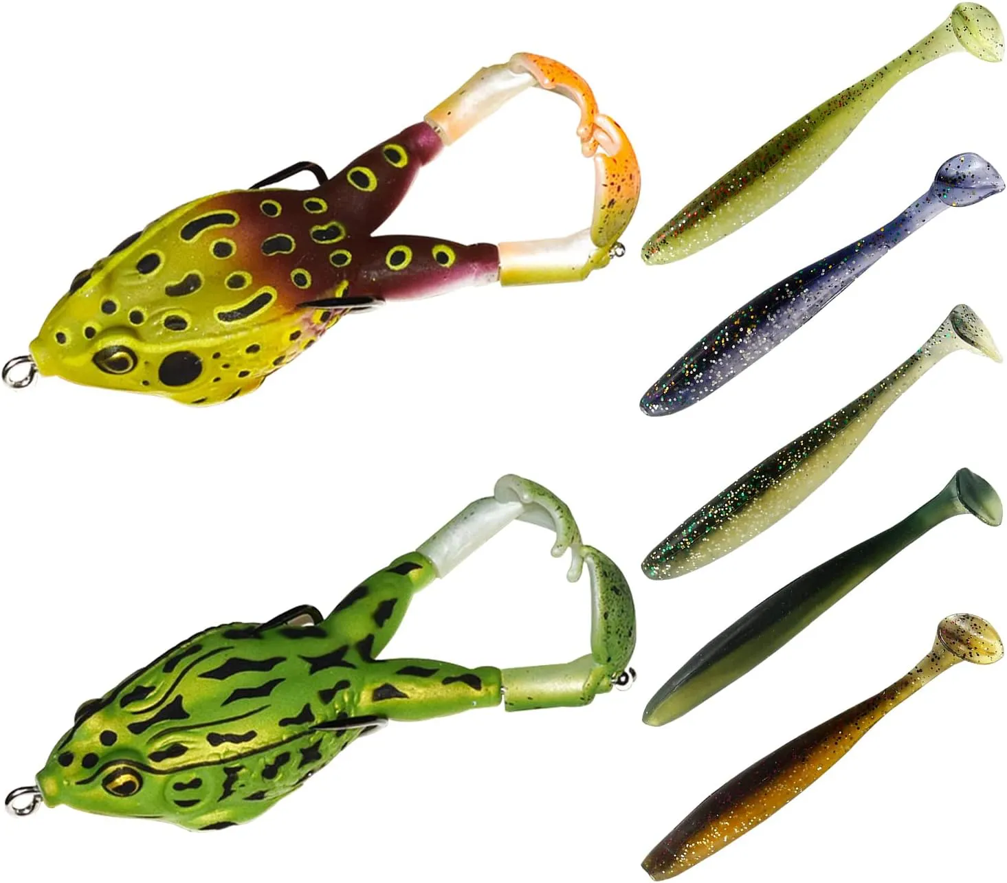 Bild von Froschköder Set mit 2 weichen Silikonködern und 5 Kunstködern, 9 cm, mit Haken und Doppelpropeller