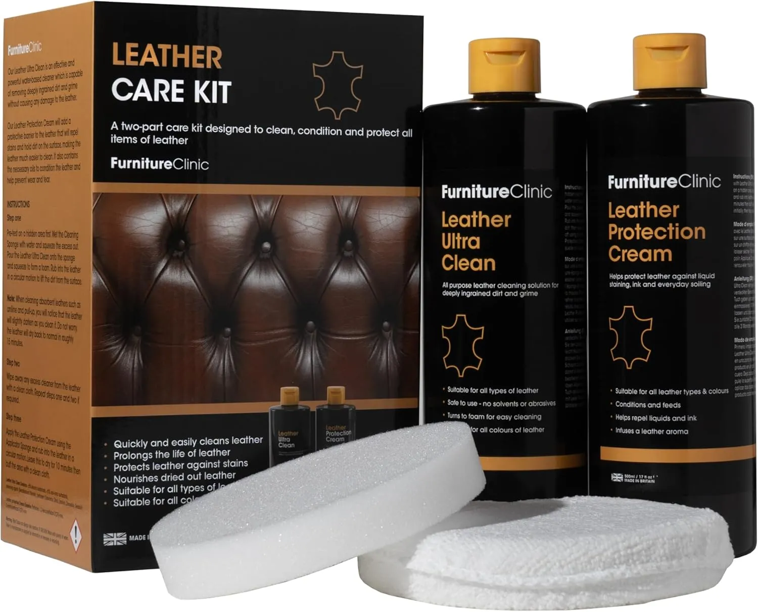 Bild von Furniture Clinic komplettes Lederpflege-Set mit 500ml Reiniger und Conditioner, angereichert mit Lederduft, ideal für Sofas, Autos und Möbel