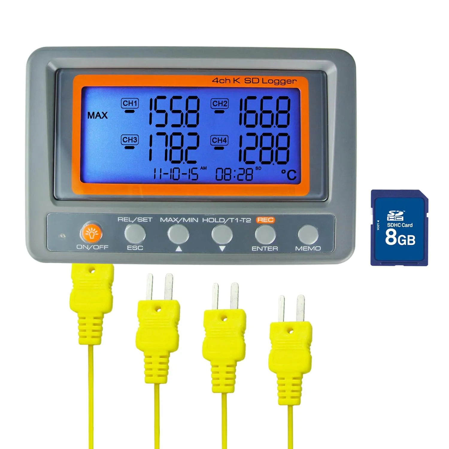 Bild von Gain Express 4-Kanal K-Typ Temperatur-Datenlogger mit SD-Karte und großem LCD-Display