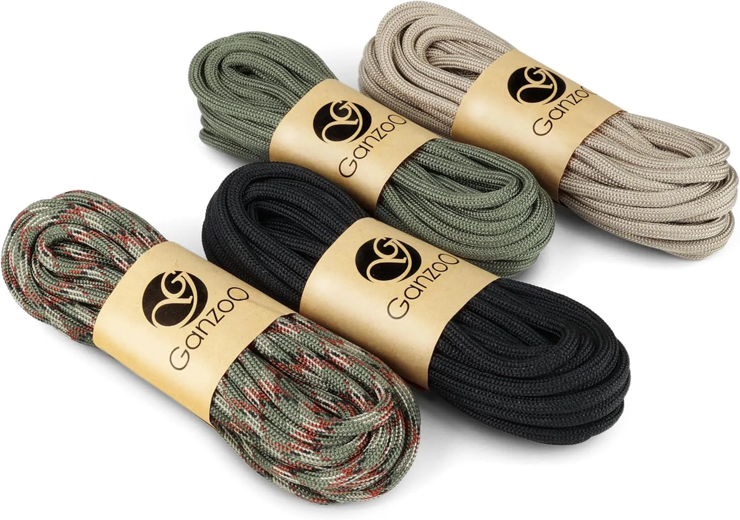 Bild von Ganzoo Paracord 550 Set mit 4 x 6 Metern in Schwarz, Grün, Sand und Camo