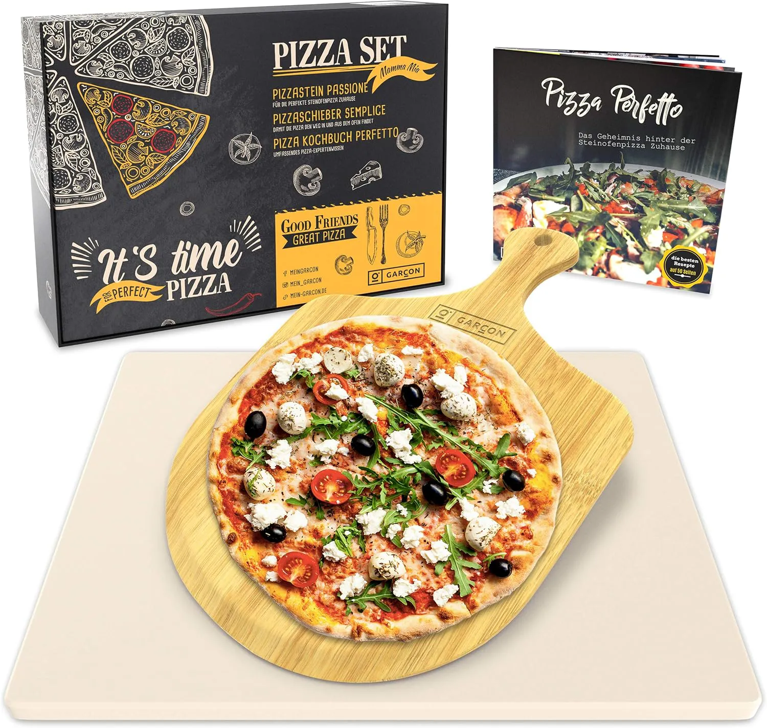 Bild von GARCON Premium Pizzastein Set bestehend aus 3 Teilen für Backofen und Gasgrill inkl. Pizzaschieber und Kochbuch für Pizza, Flammkuchen und Brot