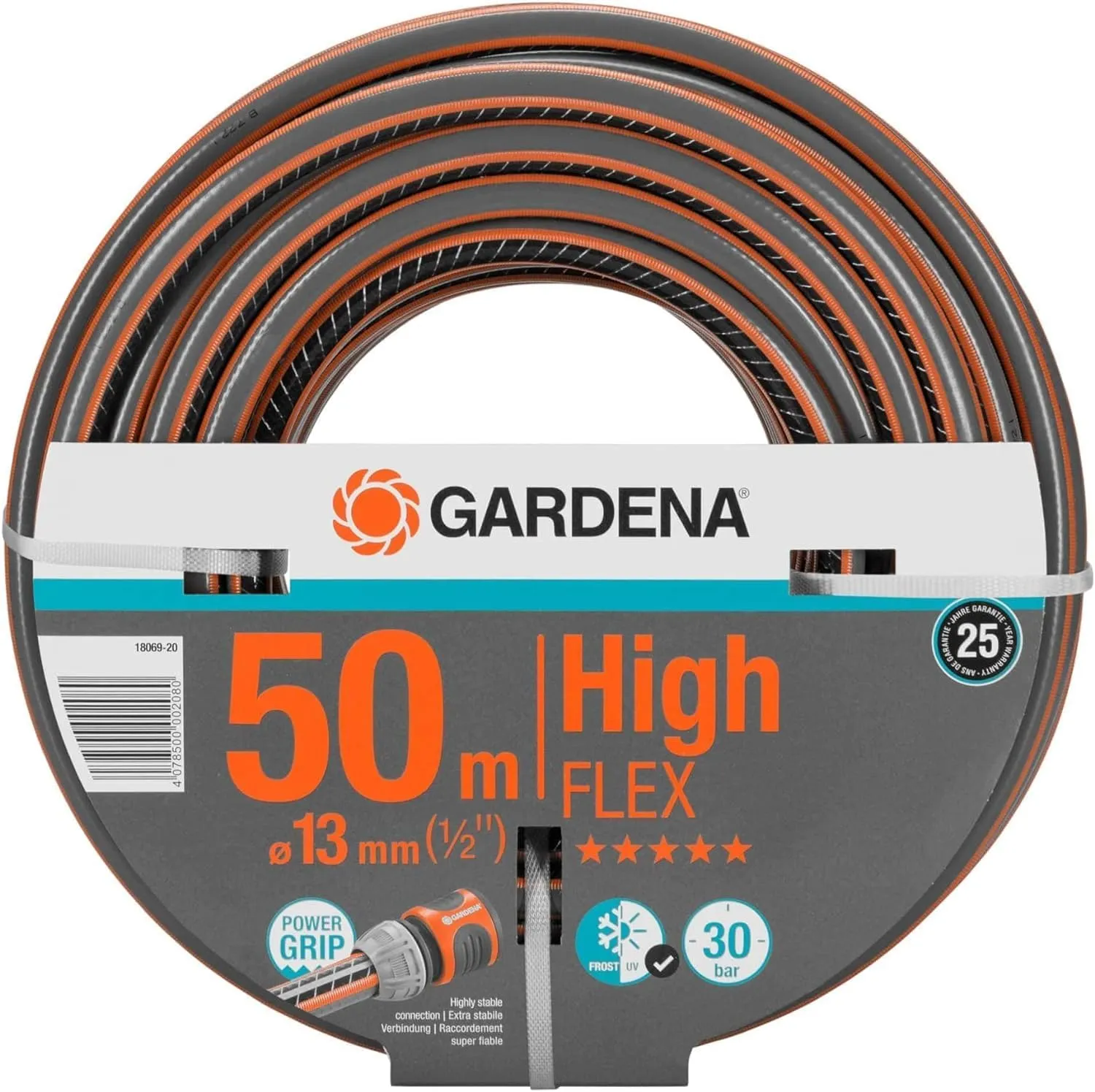 Bild von Gardena 18069-20 Comfort HighFLEX Gartenschlauch mit 50 m Länge, 13 mm Durchmesser, 30 bar Berstdruck, UV-beständig und formstabil in Grau/Orange