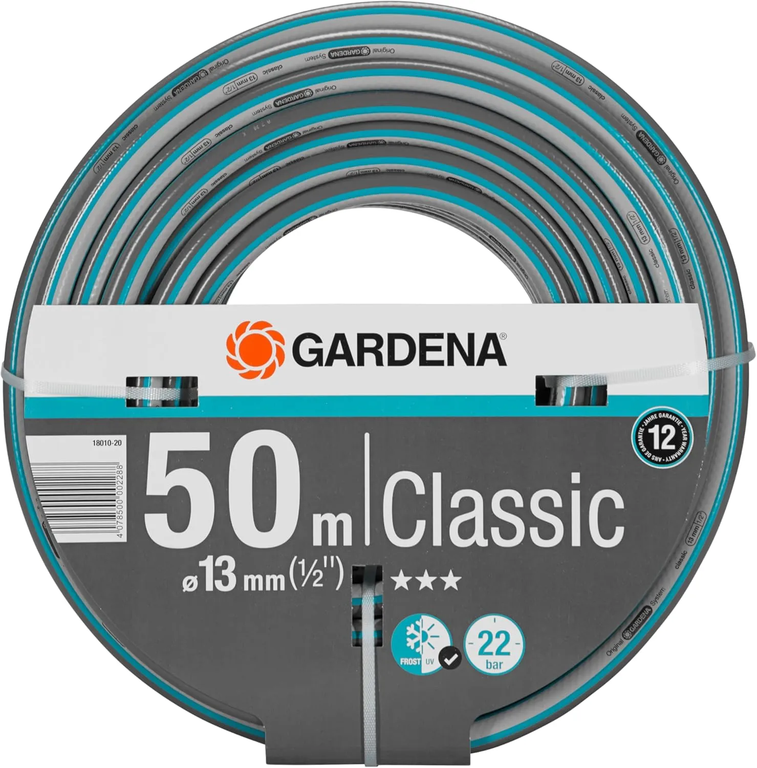 Bild von Gardena Classic Gartenschlauch 50 m aus robustem Kreuzgewebe mit 22 bar Berstdruck in grau/blau