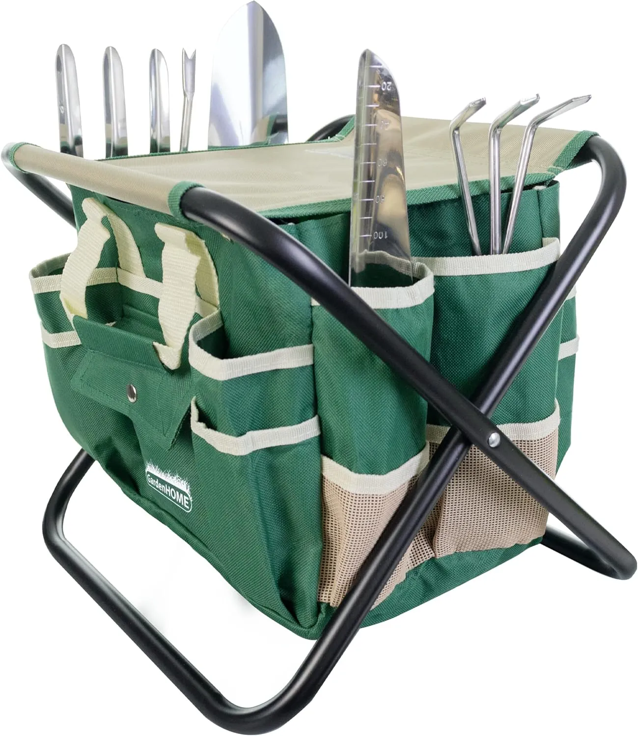 Bild von GardenHOME 7-teiliges Edelstahl Gartenwerkzeug-Set mit Klapphocker und abnehmbarer Tragetasche