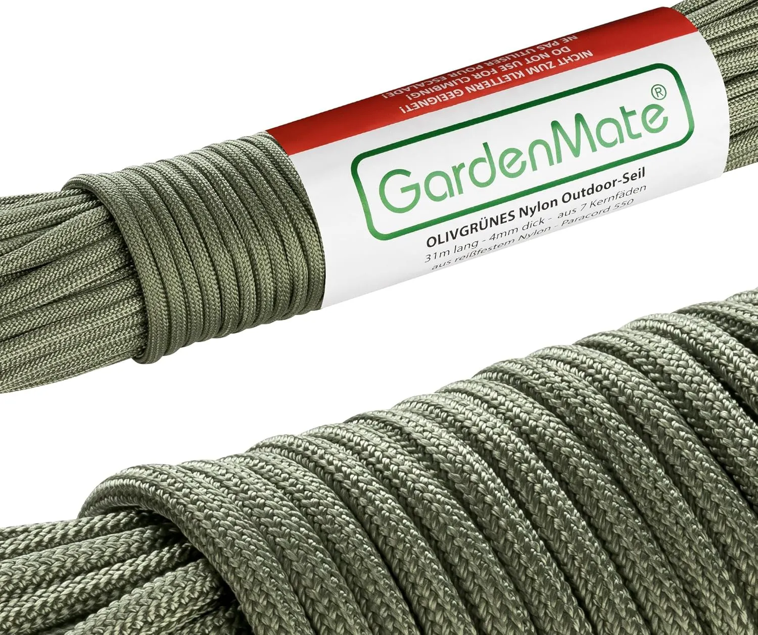 Bild von GardenMate Paracord 550 Outdoor-Seil in Oliv-Grün, 31 Meter lang und 4 mm dick, aus reißfestem Nylon mit 7 Kernfäden